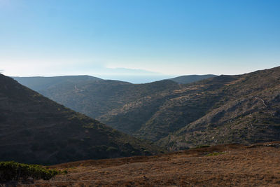 Scenic view of mountains against clear blue sky