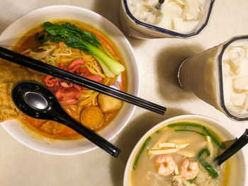 High angle view of meal served on table