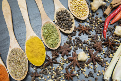 High angle view of spices in wooden spoon and table