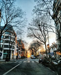 Street amidst bare trees against sky