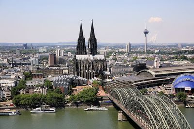 High angle view of hohenzollern bridge and cologne cathedral