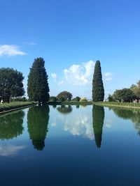 Reflection of trees in lake against sky