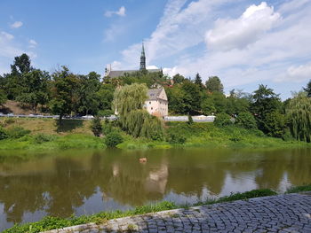 Reflection of building and trees on lake against sky