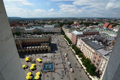 High angle view of street amidst buildings in town