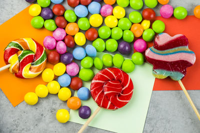 Close-up of multi colored candies on table