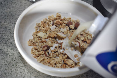 High angle view of food in bowl on table