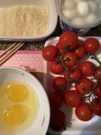 High angle view of breakfast on table