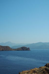 Scenic view of sea against clear blue sky