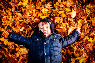 High angle portrait of boy on autumn leaves