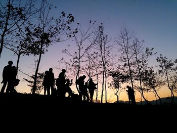 Silhouette people standing by tree against clear sky during sunset