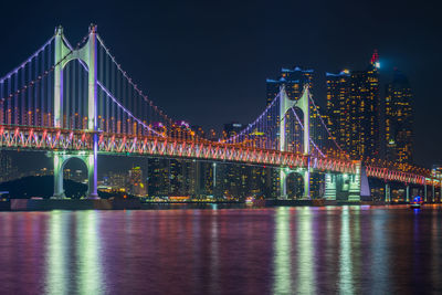 Illuminated bridge over river at night