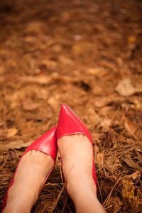 Low section of woman wearing red shoes