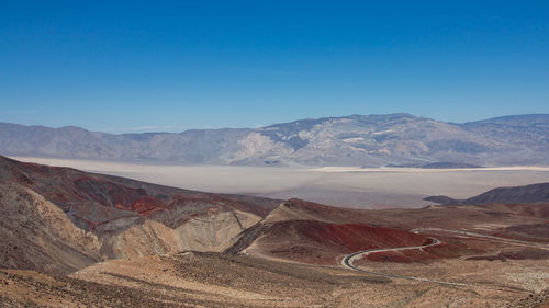 Scenic view of desert against clear blue sky