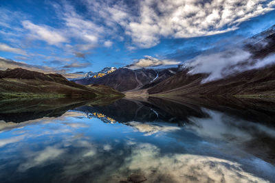 Scenic view of lake and mountains against sky