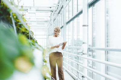 Agronomist with tablet pc analyzing plants in greenhouse