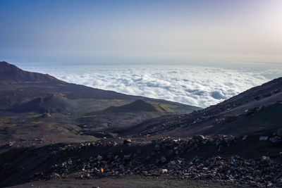 Scenic view of dramatic landscape against sky during winter