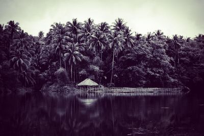 Scenic view of lake by trees and building against sky