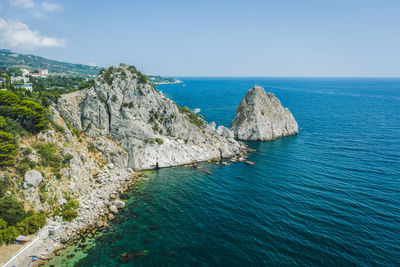 Rock diva. beautiful black sea shore landscape, main nature landmark in crimean simeiz