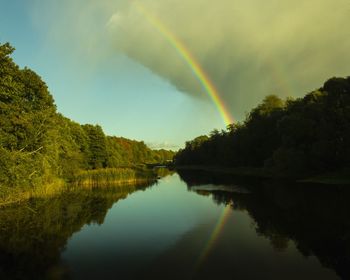 Scenic view of rainbow over lake against sky