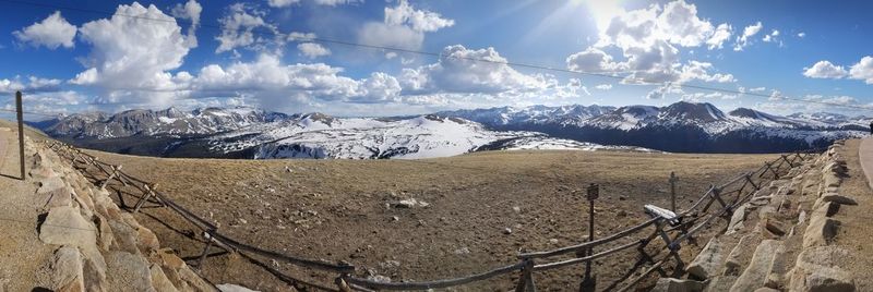 Panoramic view of snowcapped mountains against sky