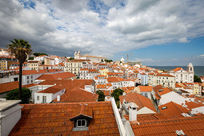 High angle view of buildings in town against sky