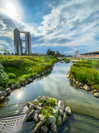 Scenic view of lake by buildings against sky