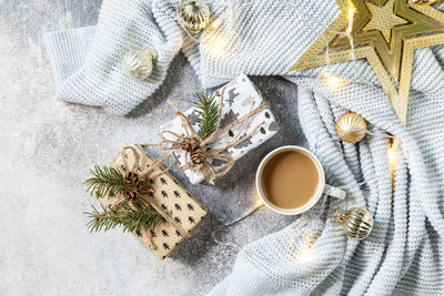 High angle view of coffee on table