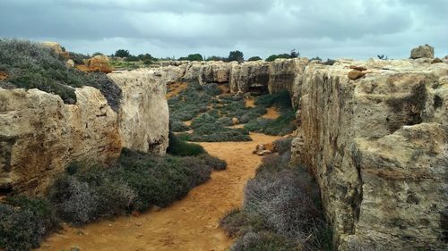 Panoramic shot of rock formations on landscape against sky