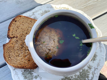 Directly above shot of soup in bowl on table