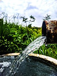 Close-up of wood on field against sky