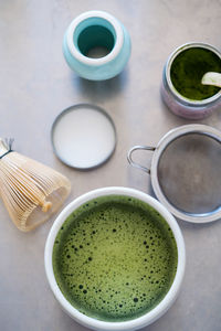 High angle view of tea cup on table