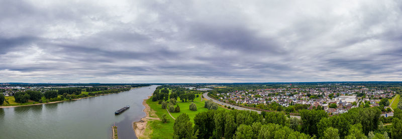Panoramic view of the rhine near leverkusen, germany. drone photography.