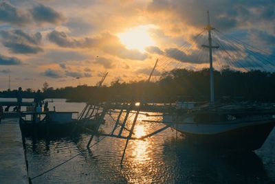 Sailboats in marina at sunset