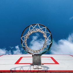 Directly below basketball hoop against sky