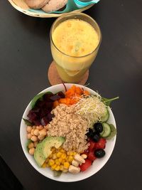 High angle view of breakfast served on table