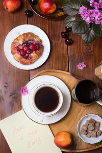 High angle view of breakfast served on table