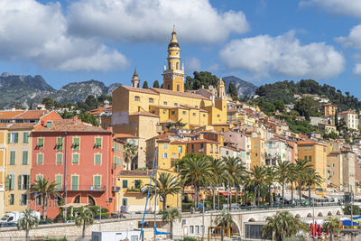 The historic center of menton with the beautiful basilica and colorful houses