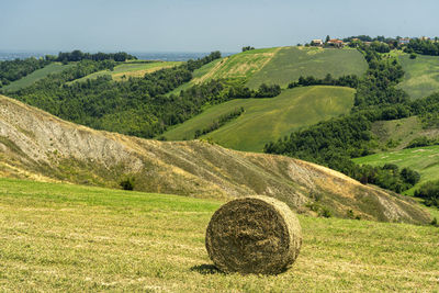 Hay bales on field against sky