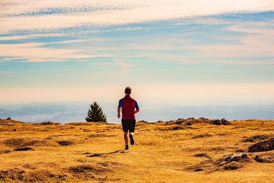 Rear view of man standing on land against sky during sunset