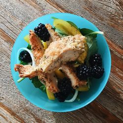 High angle view of food in plate on table