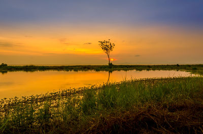 Scenic view of sunset over lake