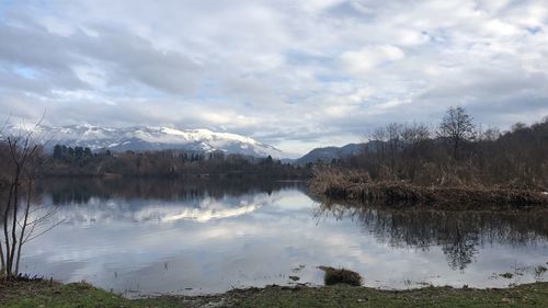 Scenic view of lake by trees against sky