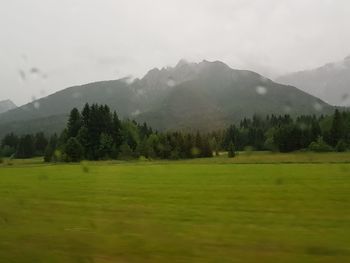 Scenic view of green landscape and mountains against sky