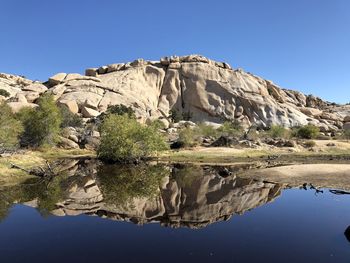 Scenic view of lake against clear blue sky