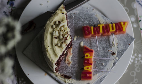 High angle view of cake in plate