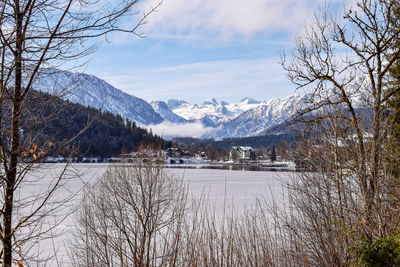 Scenic view of snowcapped mountains and lake against sky