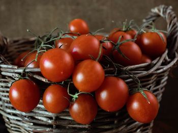 Close-up of tomatoes in basket on table