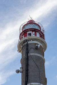 Low angle view of lighthouse by building against sky