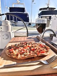 High angle view of pizza on table