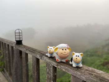 Close-up of stuffed toy on railing against sky